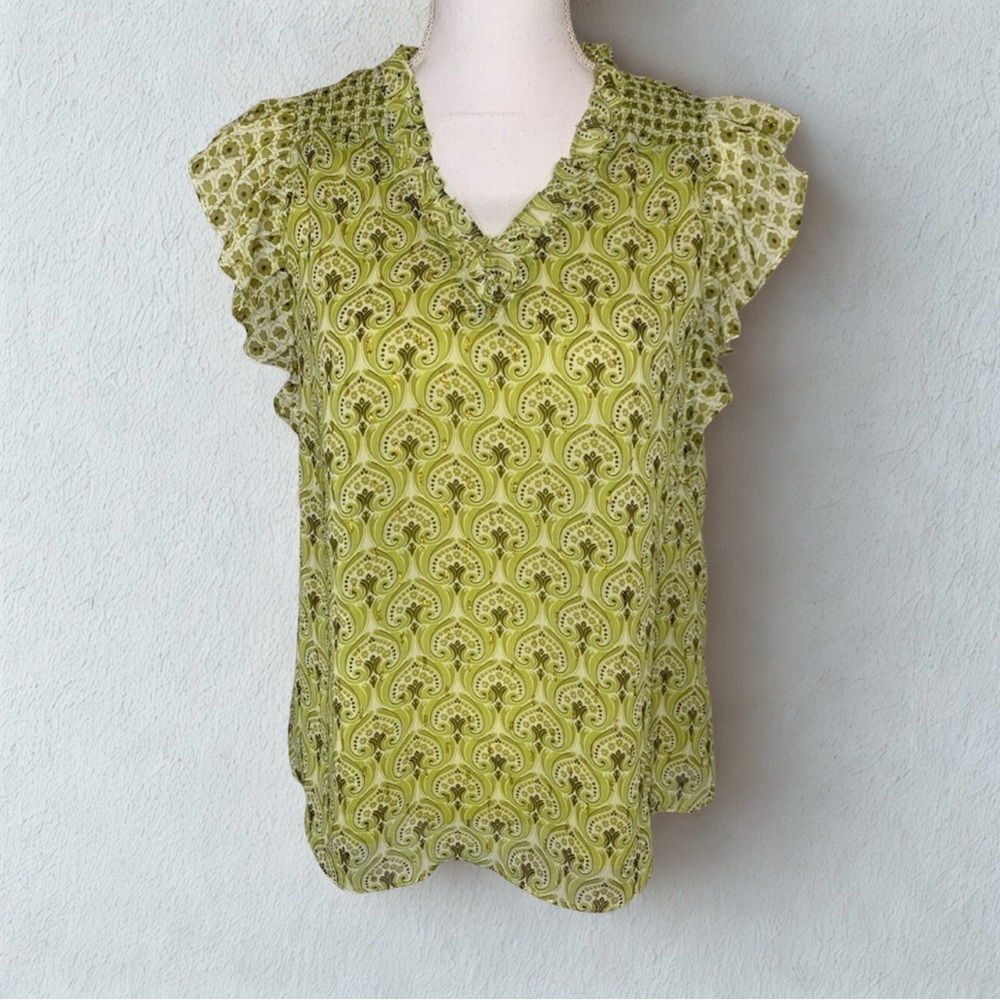 NWOT Rachel Zoe Boho Ruffle Top Blouse Women Small Green Gold Shimmer
